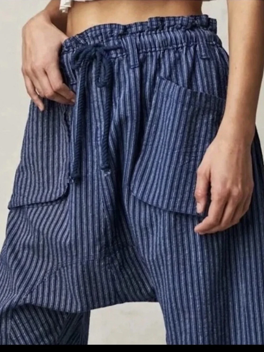 Free People Runyon Oversized Stripe Harem Drop Crotch Blue Cropped Pants